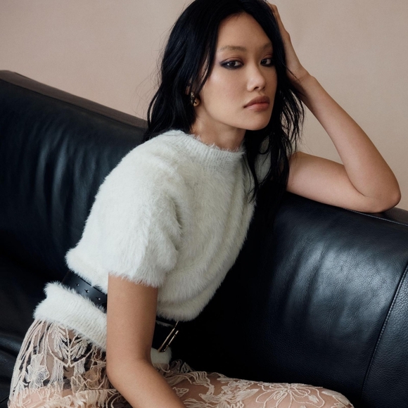 Anthropologie Pilcro Eyelash Short Sleeve Tee Baby Sweater Fuzzy Mock In Grey SM - Picture 1 of 10